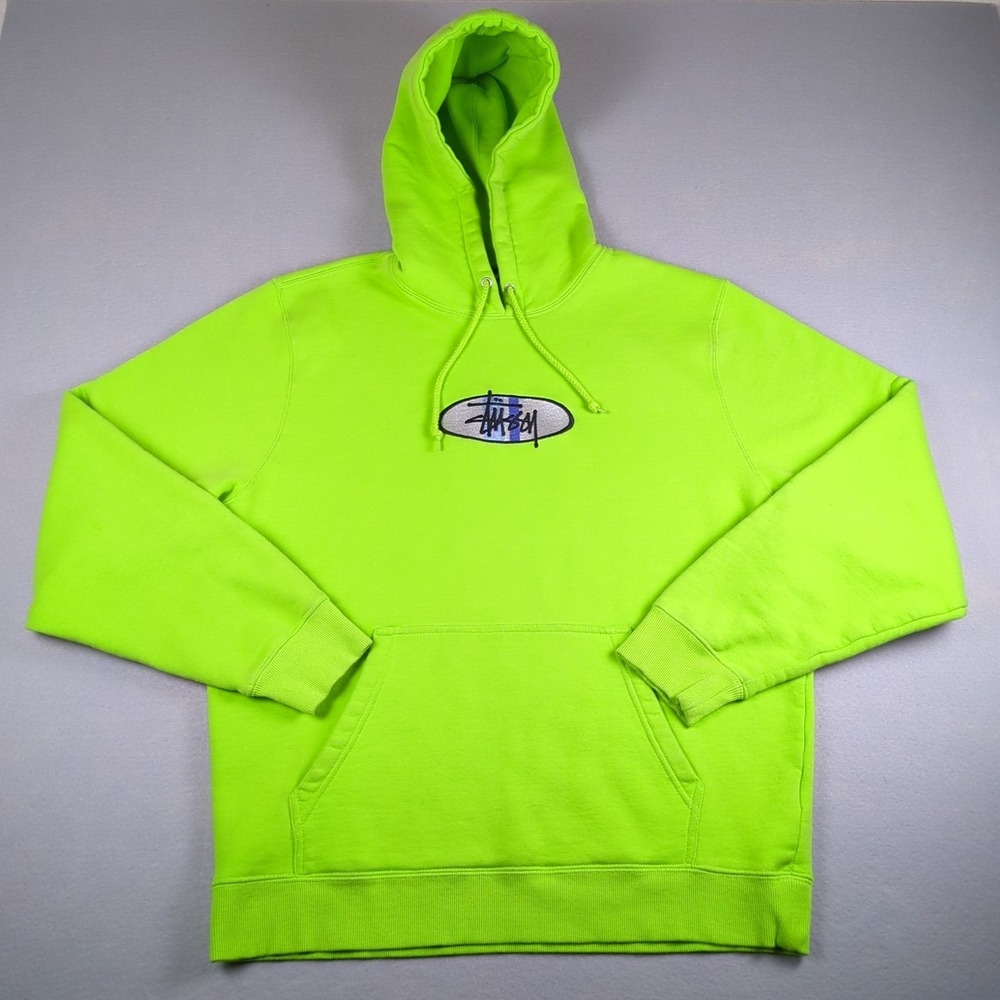 Stussy 2 Bar App Hoodie Mens Large Green Pullover Embroidered Kangaroo Pocket